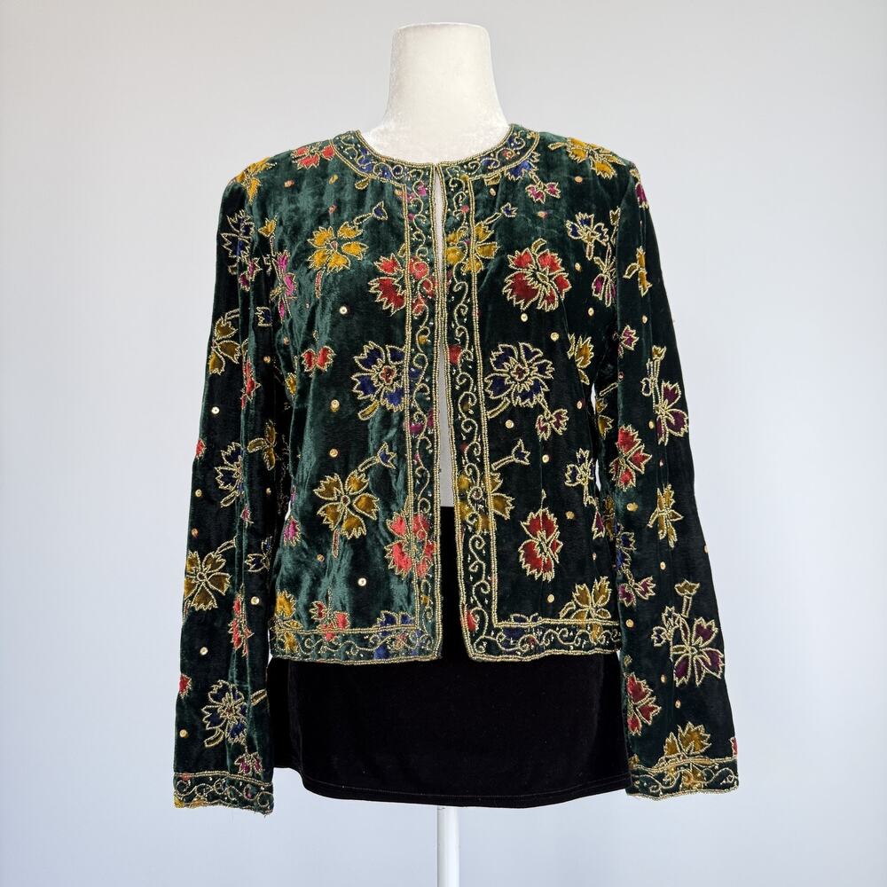 Vintage Papell Boutique Evening Jacket Womens M Green Velvet Beaded Floral Party
